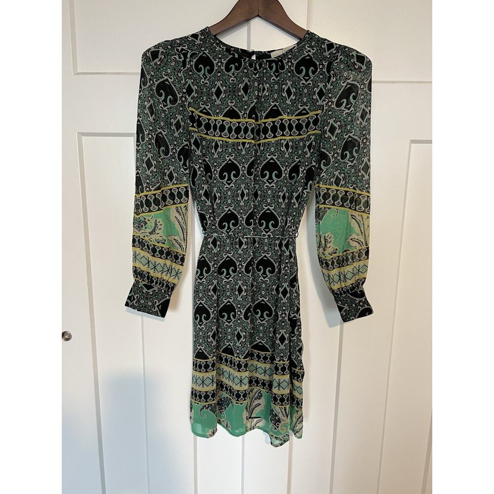 LOFT Dress Sheer Black Green Knee Length Size XS Petite. Tie Waist